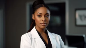 médica oftalmologista olhando para a câmera